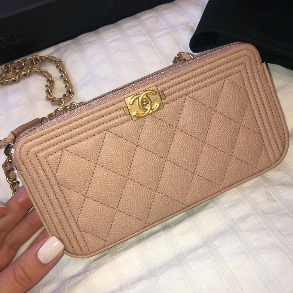 Chanel Boy Clutch  w/ chain in Beige Caviar